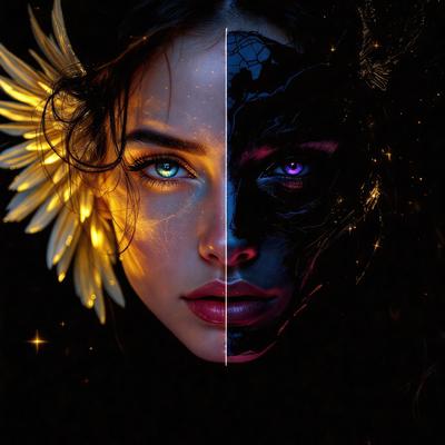 The primary subject of the image is a woman with two faces, one black and one white. The setting is a dark background, and the visual style appears to be a digital art or illustration. The dominant colors are black and white, creating a contrasting and dramatic atmosphere.